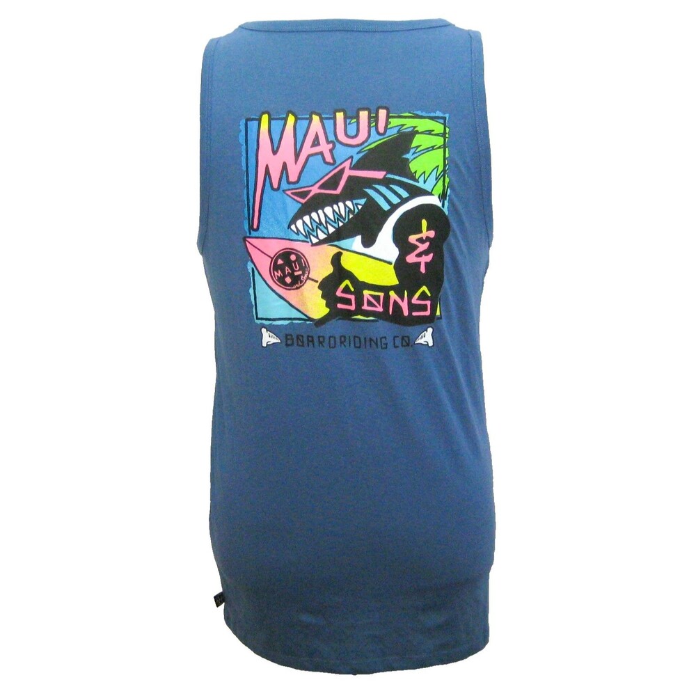 Maui & Sons Tank Top Mens Medium Blue Sleeveless Graphic Shirt Surfing Hawaii